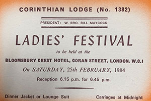 Corinthian Lodge No. 1382 Ladies festival invitation